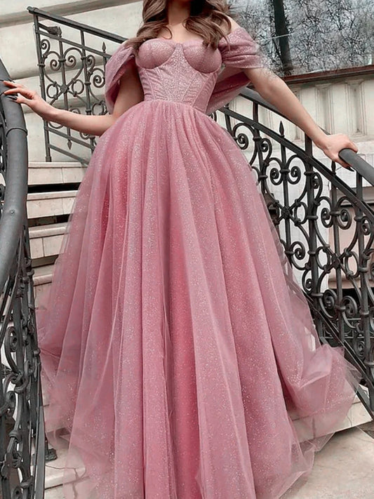 Beaira Pink Tulle Off Shoulder Purple Long Prom Dresses Pink Formal Dresses prom dresses shops