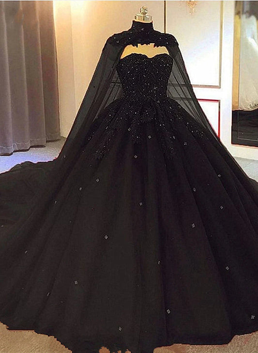 Beaira Black Tulle Ball Gwon Wedding Party Dress with Cap Black Lace Formal Gown prom dresses shops