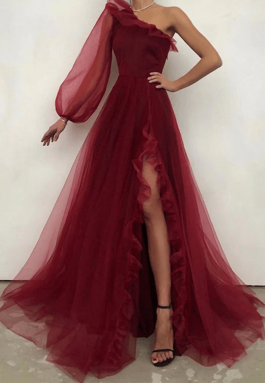 Beaira Burgundy A-Line Formal Evening Dress One Shoulder Long Sleeve Sweep Train prom dresses shops