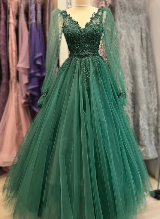 Beaira Green Long Sleeves A-line Prom Dress with Lace Green Party Dress prom dresses shops