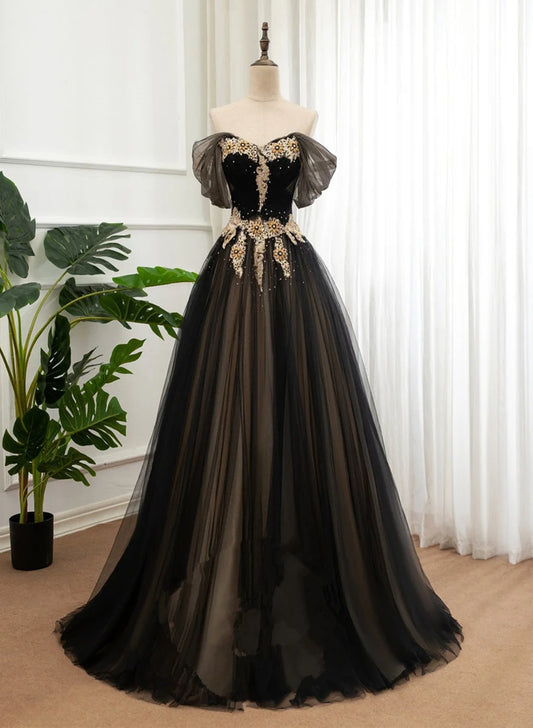 Beaira Black and Champagne Sweetheart Off Shoulder Party Dress A-line Prom Dress prom dresses shops