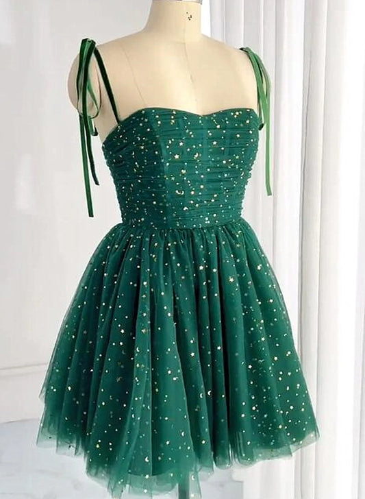 Beaira Dark Green Tulle Straps Short Party Dress Green Homecoming Dress Prom Dress prom dresses shops