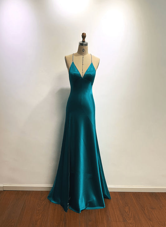 Beaira Teal Blue Satin Cross Back Long Wedding Party Dress Teal Blue Prom Dress prom dresses shops