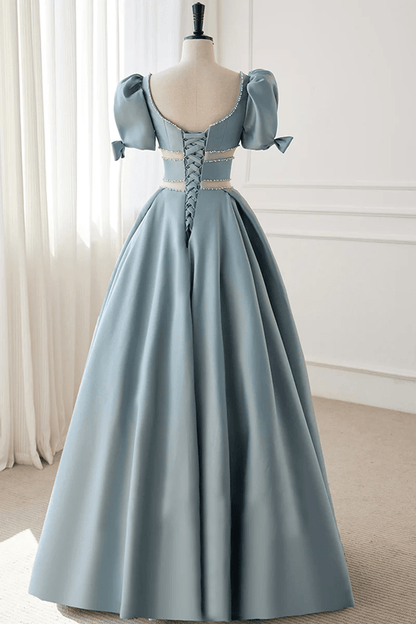 Beaira Chic Blue Satin Beaded Short Sleeves Party Dress Blue Satin Long Prom Dress prom dress shop