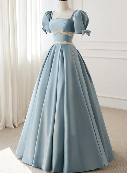 Beaira Chic Blue Satin Beaded Short Sleeves Party Dress Blue Satin Long Prom Dress prom dress shop