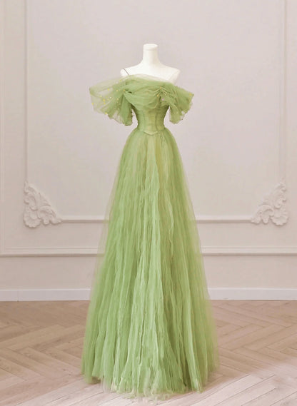 Beaira A-line Green Off Shoulder Tulle Party Dress Green Prom Dress Formal Dress prom dress shop