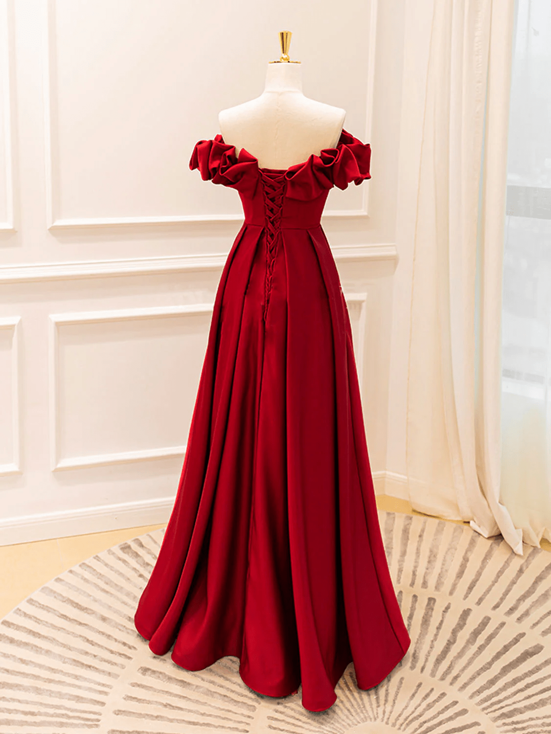 Beaira Wine Red Satin Off Shoulder Long Formal Dress Wine Red Prom Dress Evening Dress prom dress shop