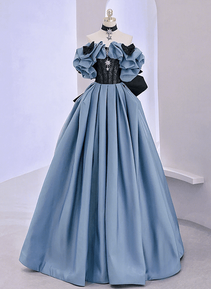 Beaira Blue A-line Off Shoulder Satin Lace Long Prom Dress Off Shoulder Evening Dress prom dress shop