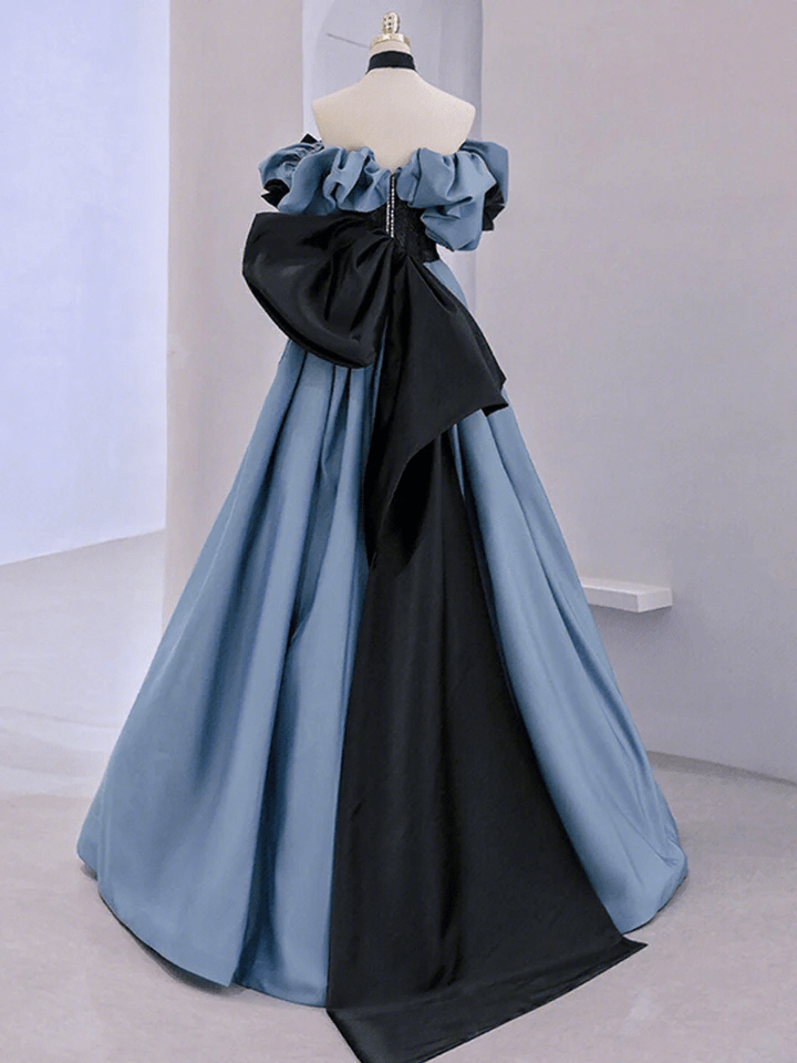 Beaira Blue A-line Off Shoulder Satin Lace Long Prom Dress Off Shoulder Evening Dress prom dress shop