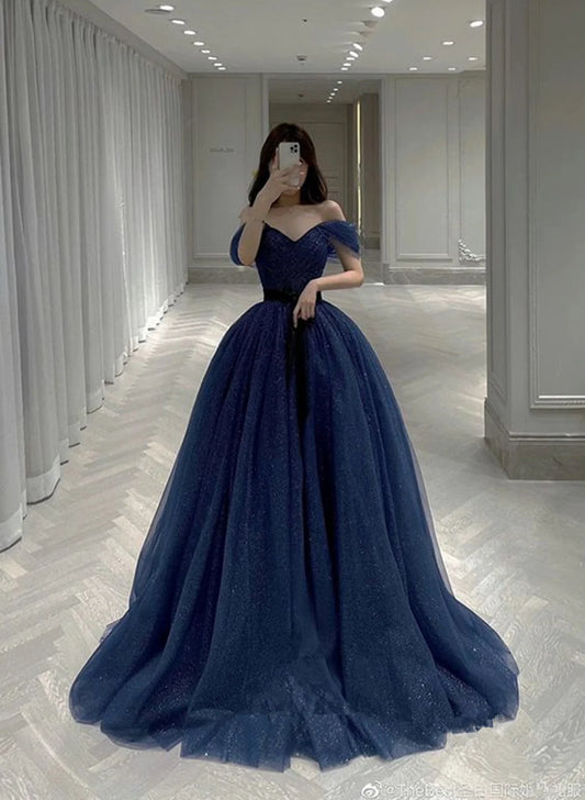 Beaira Navy Blue Shiny Tulle Off Shoulder Long Formal Dress A-line Navy Blue Prom Dress prom dress shop