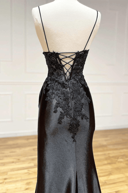 Beaira A-line Black Long Appliques Prom Dress with Spaghetti Straps Black Floor Length Party Dress prom dress shop