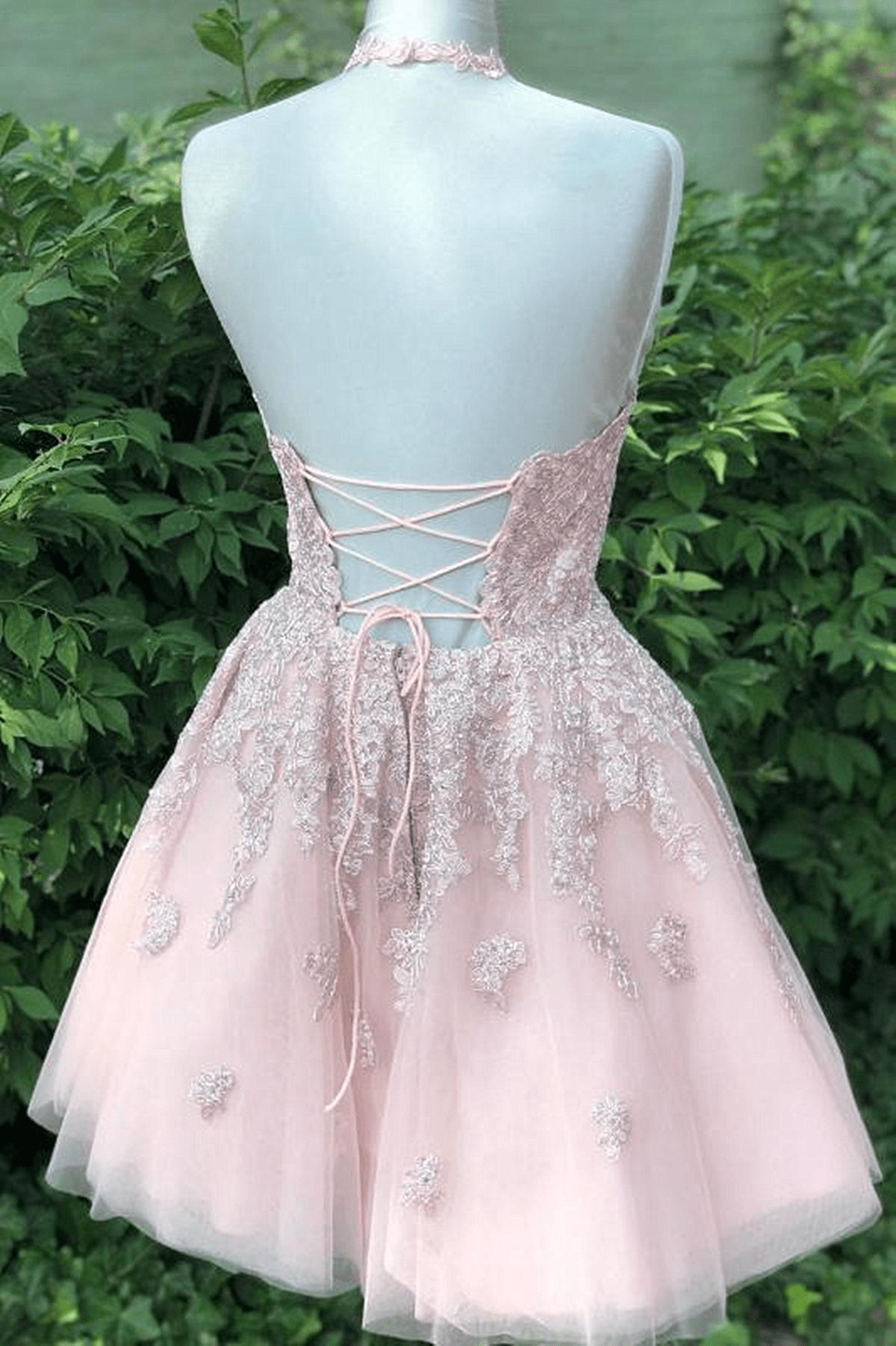 Beaira Pink Halter Tulle with Lace Short Party Dress Pink Tulle Homecoming Dress prom dress shop