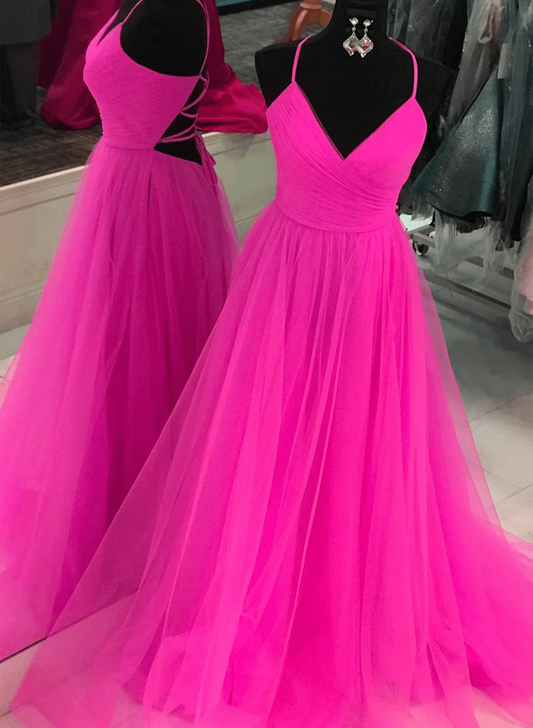 Beaira A-Line Pink V-Neckline Sweetheart Cross Back Long Party Dress Tulle Evening Dress Prom Dress prom dress shop