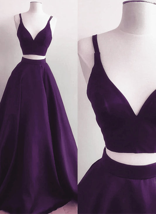 Beaira Purple Satin Two Piece Long Formal Dress A-line Purple Evening Dress Prom Dress prom dress shop