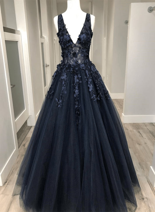 Beaira Navy Blue Tulle with Flower Lace Long Formal Dress A-line Tulle Prom Dress prom dress shop