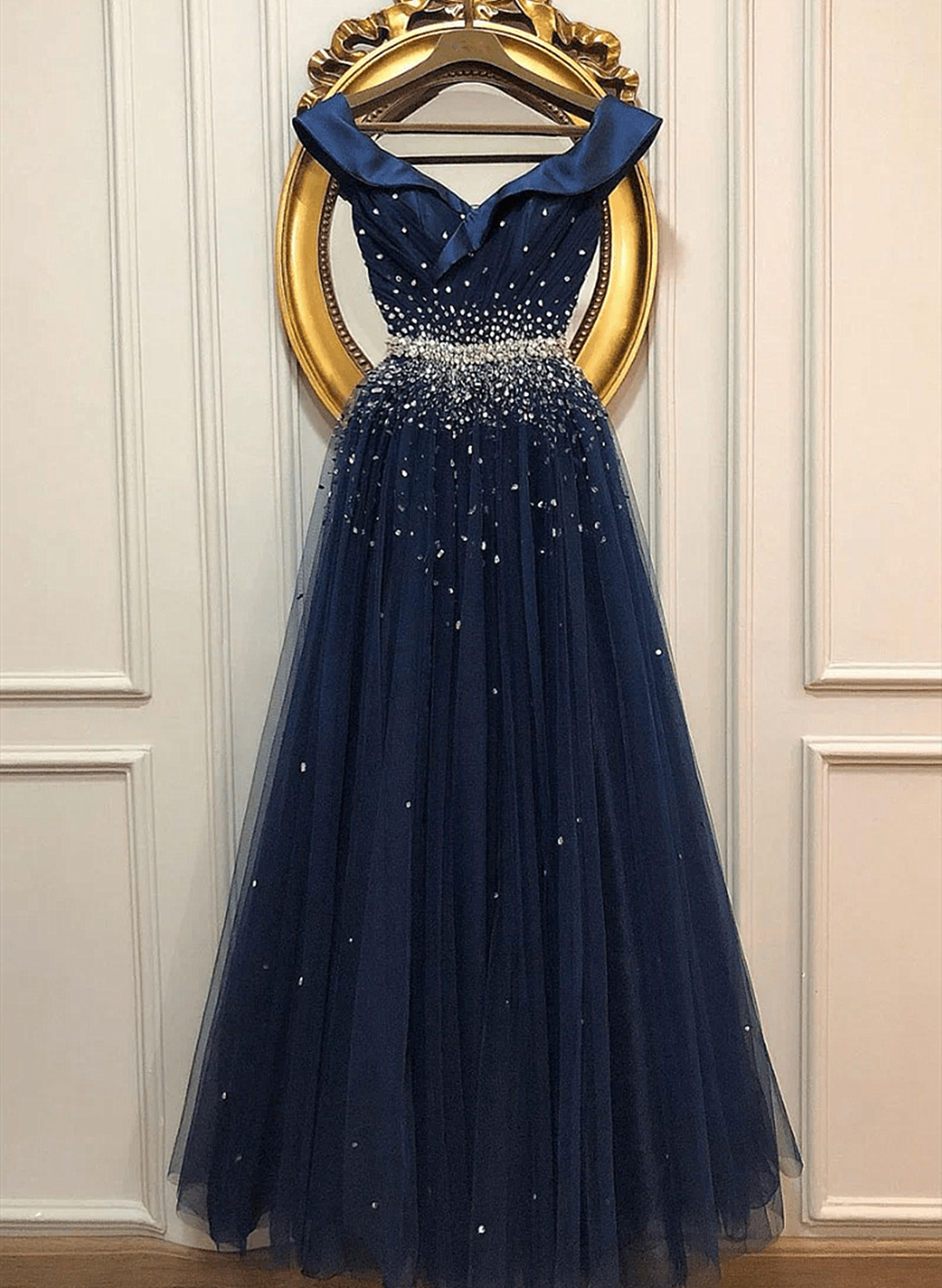 Beaira Navy Blue Beaded A Line Long Prom Dress Tulle Party Dress Floor Length Evening Dress prom dress shop