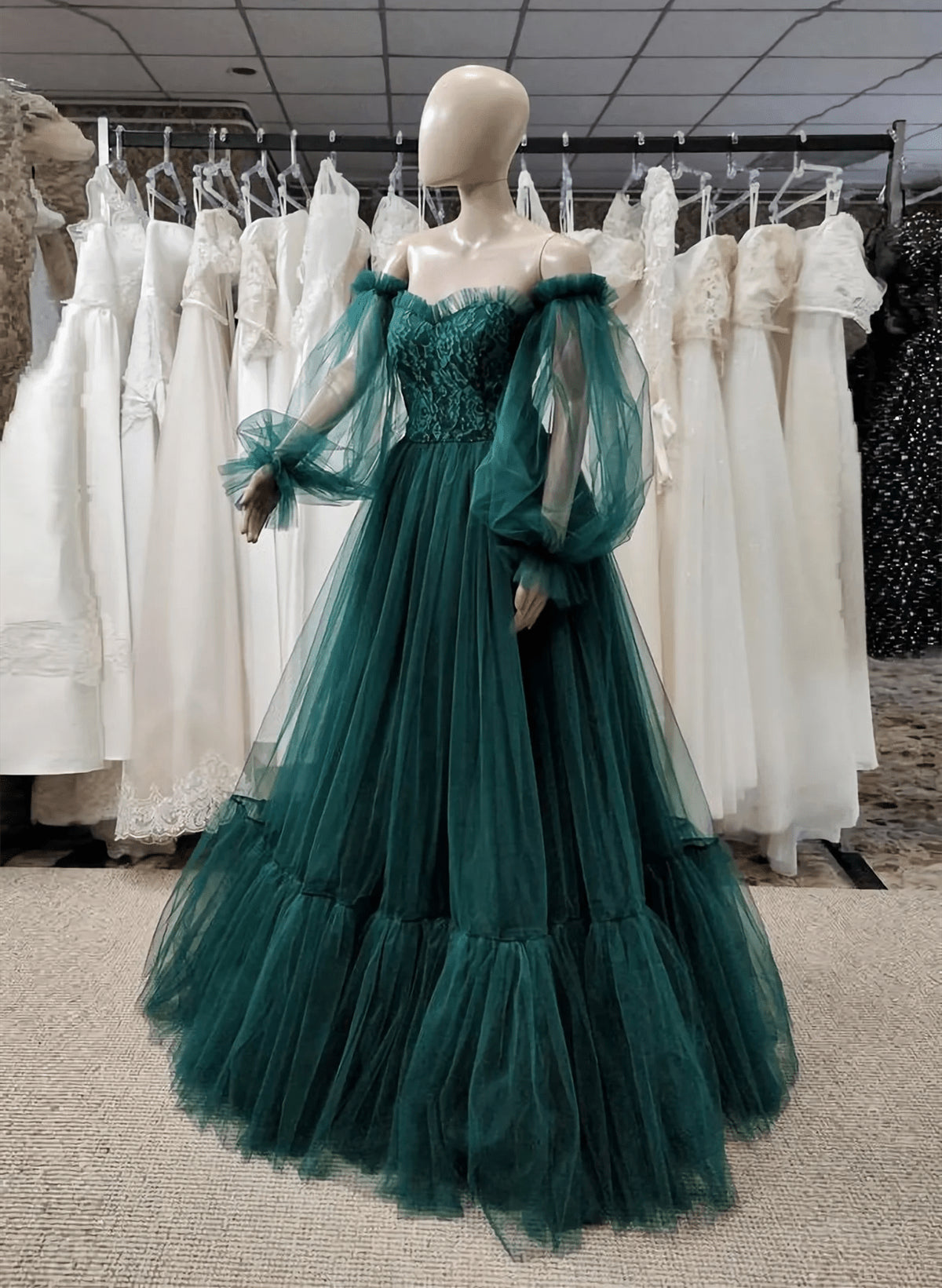 Beaira Green Lace Puff Long Sleeves Off The Shoulder Party Dress Green Formal Dress prom dress shop