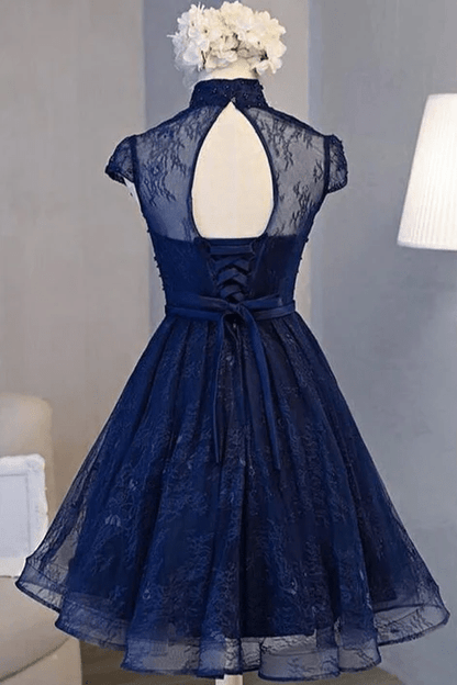 Beaira Navy Blue Lace Short Sleeve Knee-Length Homecoming Dress Navy Blue Prom Dress prom dress shop