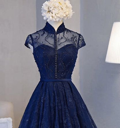 Beaira Navy Blue Lace Short Sleeve Knee-Length Homecoming Dress Navy Blue Prom Dress prom dress shop