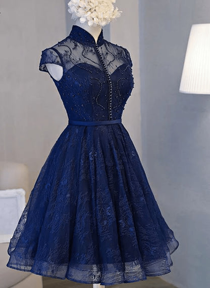 Beaira Navy Blue Lace Short Sleeve Knee-Length Homecoming Dress Navy Blue Prom Dress prom dress shop