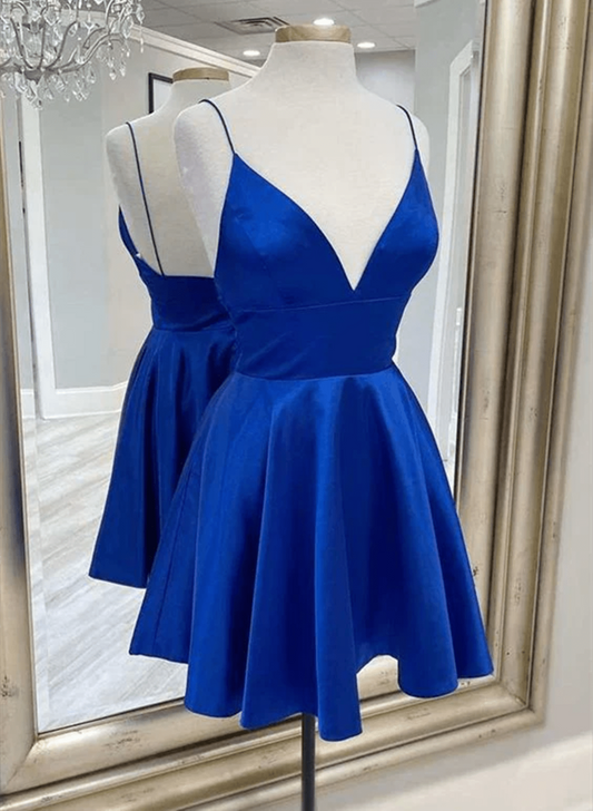 Beaira Royal Blue Satin Straps V-neckline Homecoming Dress Royal Blue Prom Dress stores with prom dresses