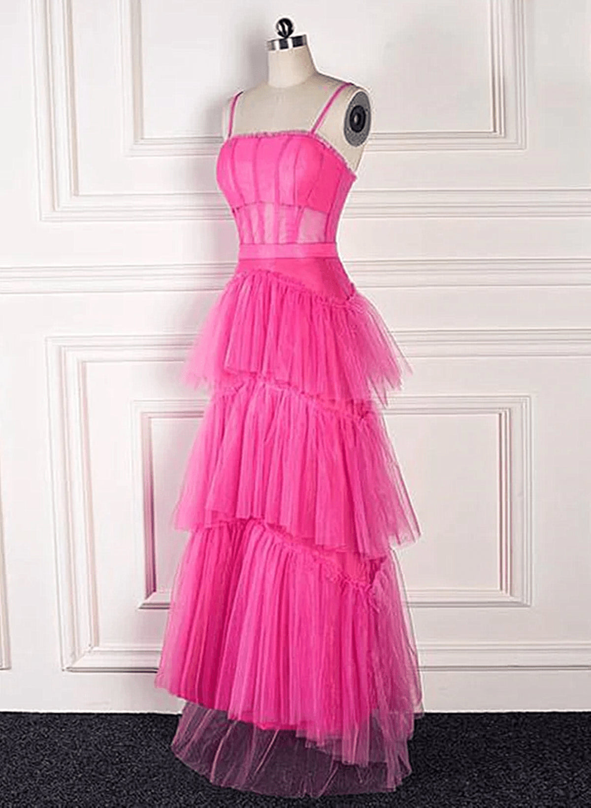 Beaira Pink Tulle Straps Long Prom Dress Hot Pink Homecoming Dress Formal Dress stores with prom dresses