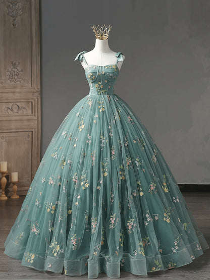 Beaira Green Floral Tulle Straps Off Shoulder Party Dress Green Long Evening Dress Prom Dress stores with prom dresses