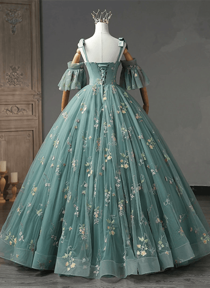 Beaira Green Floral Tulle Straps Off Shoulder Party Dress Green Long Evening Dress Prom Dress stores with prom dresses