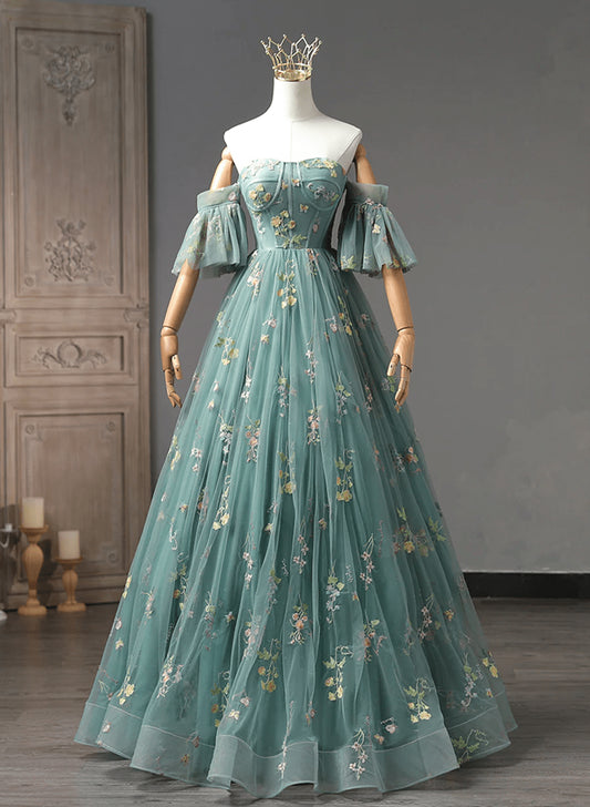 Beaira Green Floral Tulle Straps Off Shoulder Party Dress Green Long Evening Dress Prom Dress stores with prom dresses