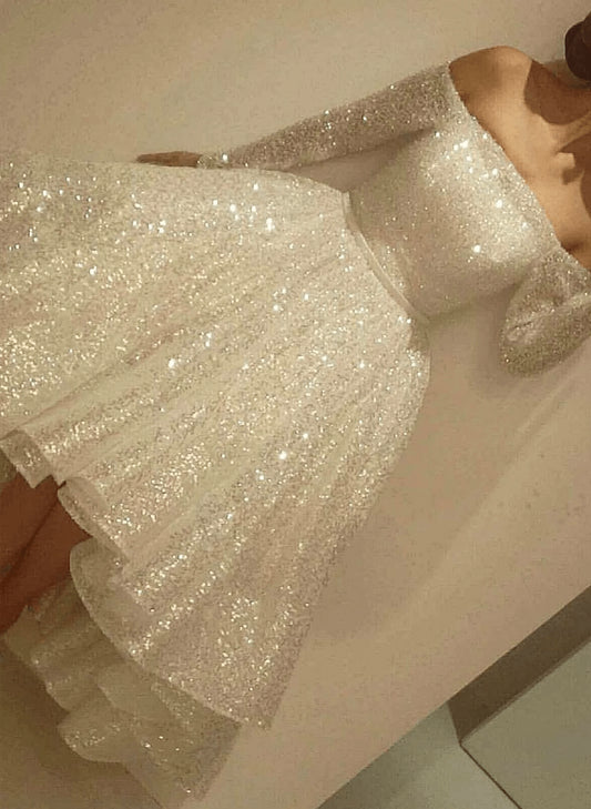 Beaira White Sequins Long Sleeve Prom Dress A-Line High Low Homecoming Dress stores with prom dresses