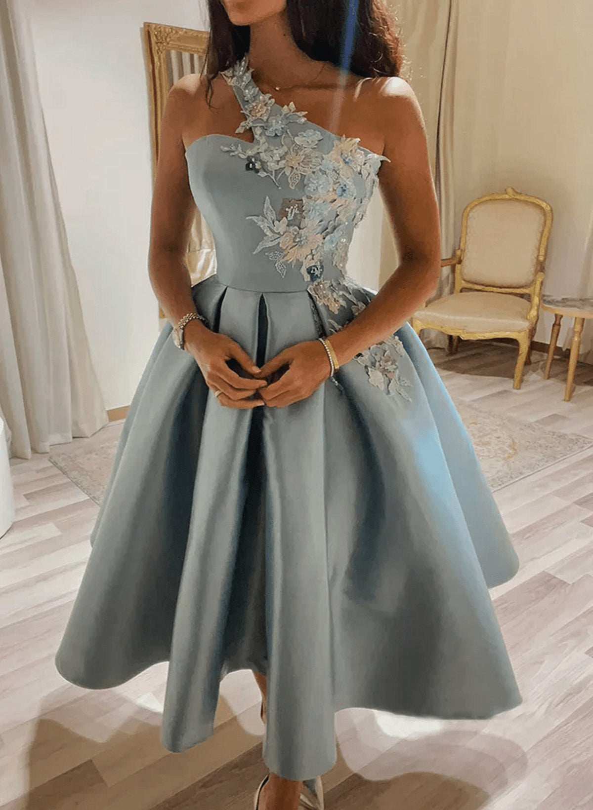 Beaira Cute One Shoulder Satin Lace Short Prom Dress Blue Homecomiing Dress stores with prom dresses