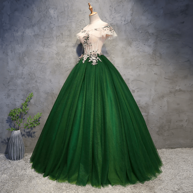 Beaira Green Off Shoulder Tulle with Flowers Green Long Sweet 16 Dress stores with prom dresses