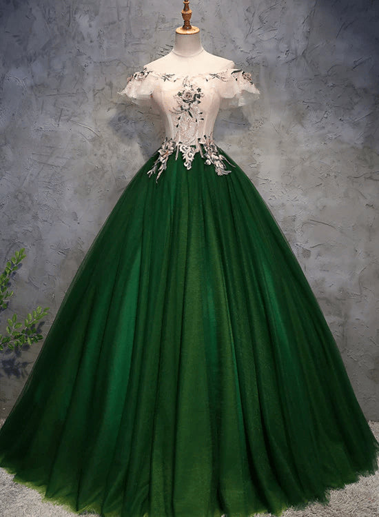 Beaira Green Off Shoulder Tulle with Flowers Green Long Sweet 16 Dress stores with prom dresses