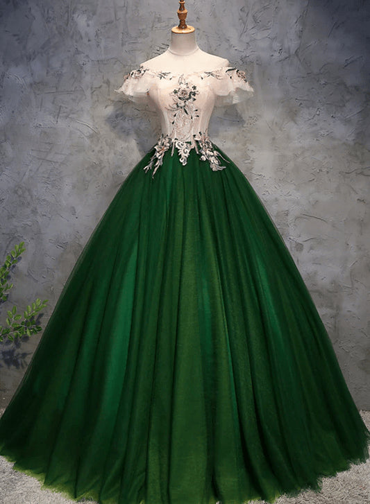 Beaira Green Off Shoulder Tulle with Flowers Green Long Sweet 16 Dress stores with prom dresses