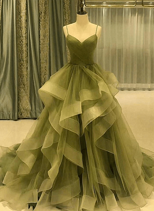 Beaira Green Layers Tulle Straps V-neckline Party Dress Green Long Formal Dress stores with prom dresses