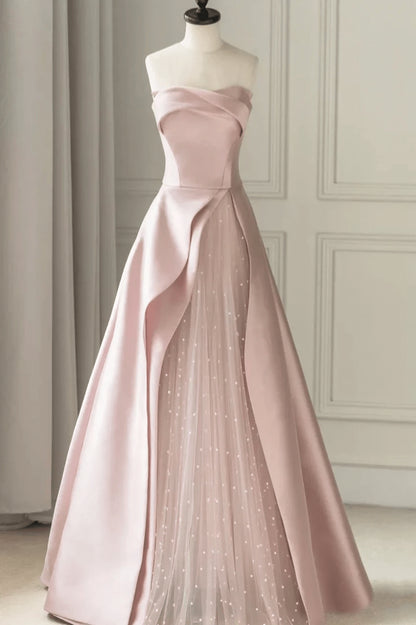 Beaira Pink Tulle and Satin A-line Party Dress Unique Pink Long Prom Dress stores with prom dresses