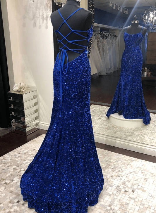 Beaira Blue Mermaid Sequins Long Prom Dress Blue Backless Evening Dress Party Dress stores with prom dresses