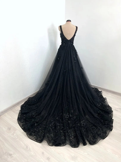 Beaira Black Tulle Flowers Lace Straps Long Formal Dress Black Tulle Evening Dress stores with prom dresses