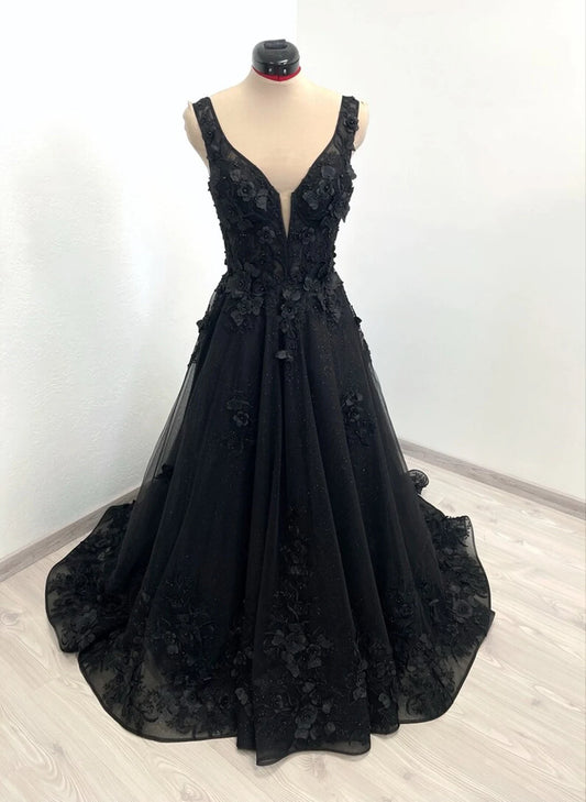 Beaira Black Tulle Flowers Lace Straps Long Formal Dress Black Tulle Evening Dress stores with prom dresses