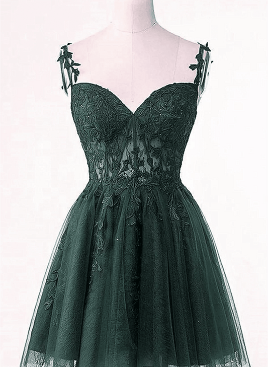 Beaira Dark Green Tulle With Lace Short Homecoming Dress V-neckline Green Short Prom Dress stores with prom dresses