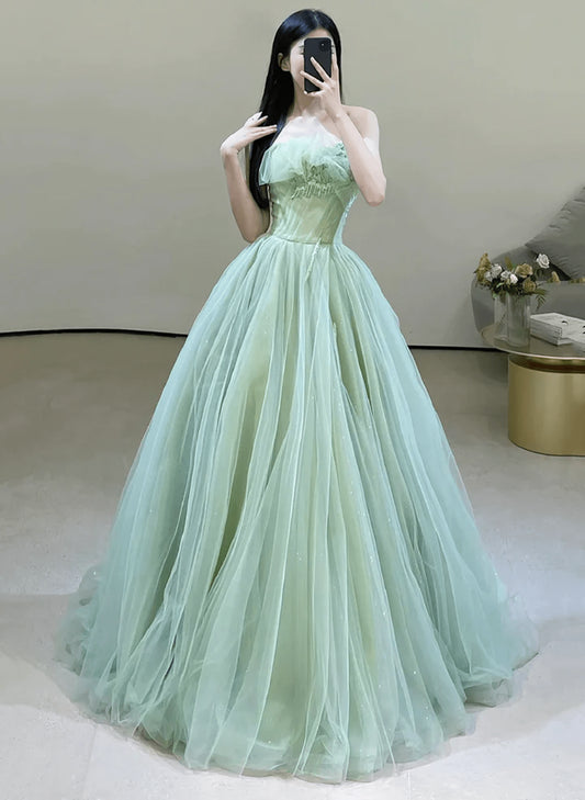 Beaira Charming Green Strapless Tulle Floor Length Prom Dress A-line Green Evening Dress prom dresses shops