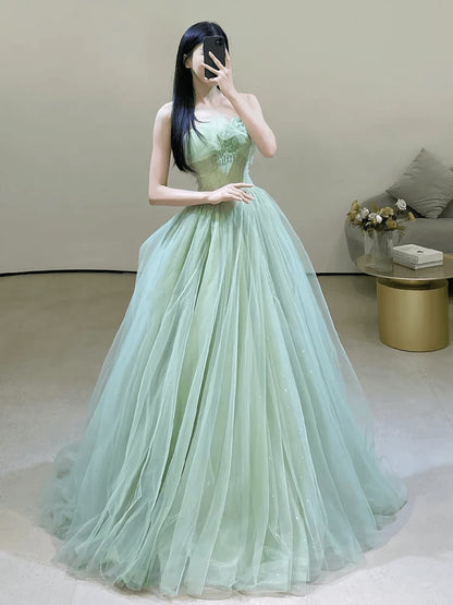 Beaira Charming Green Strapless Tulle Floor Length Prom Dress A-line Green Evening Dress prom dresses shops