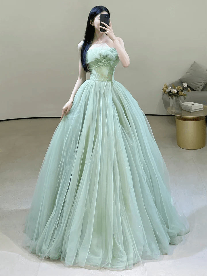 Beaira Charming Green Strapless Tulle Floor Length Prom Dress A-line Green Evening Dress prom dresses shops