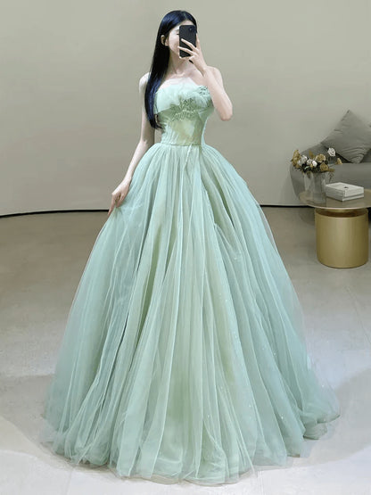 Beaira Charming Green Strapless Tulle Floor Length Prom Dress A-line Green Evening Dress prom dresses shops