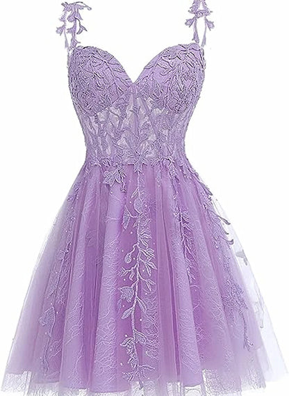 Beaira Light Purple Sweetheart Tulle Straps Short Party Dress Lace Applique Homecoming Dress prom dresses shops