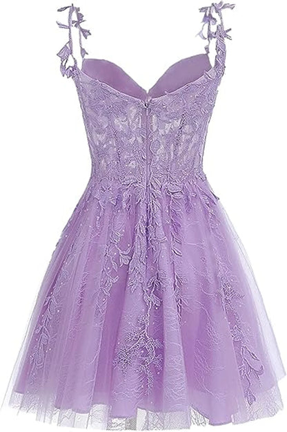 Beaira Light Purple Sweetheart Tulle Straps Short Party Dress Lace Applique Homecoming Dress prom dresses shops