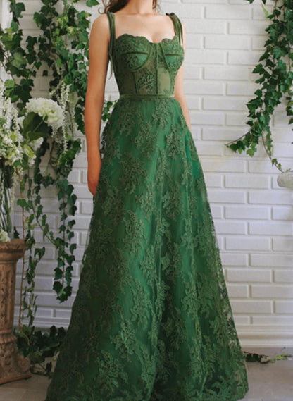 Beaira A-line Green Lace Long Prom Dress Green Lace Straps Sweetheart Evening Dress prom dresses shops