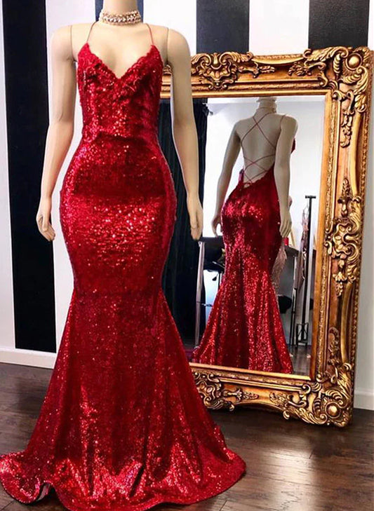 Beaira Dark Red Spaghetti Straps Sequins Mermaid Long Prom Dress Sequins Evening Dress prom dresses with long sleeves