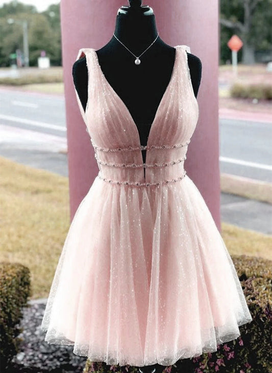 Beaira Lovely Pink Tulle Beaded Short Party Dress Pink Tulle Homecoming Dress prom dresses shops