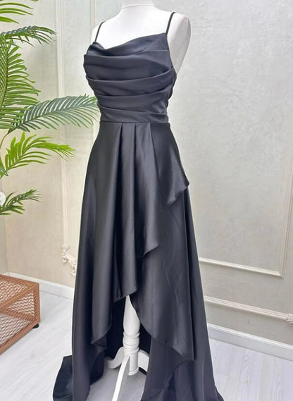 Beaira Black Soft Satin High Low Party Dress Black Straps Homecoming Dress prom dresses with long sleeves